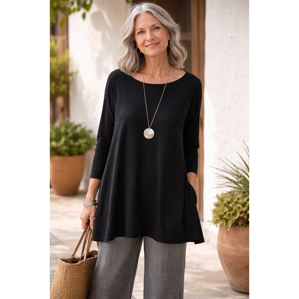 Bryn Walker Black Tunic Top Modal Blend Stretch Made In USA‎ M Lagenlook Minimal